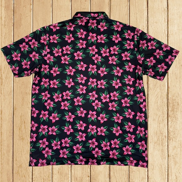U Suck at Golf USAG Mens 3XL Golf Polo Shirt Pink Floral Lily Black Stretch - Picture 2 of 7
